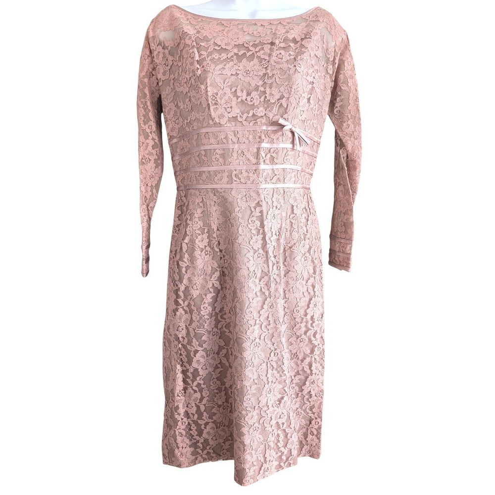 Vintage 60's Pink Lace Custom Long Sleeve Bodycon Midi‎ Dress Party Cocktail